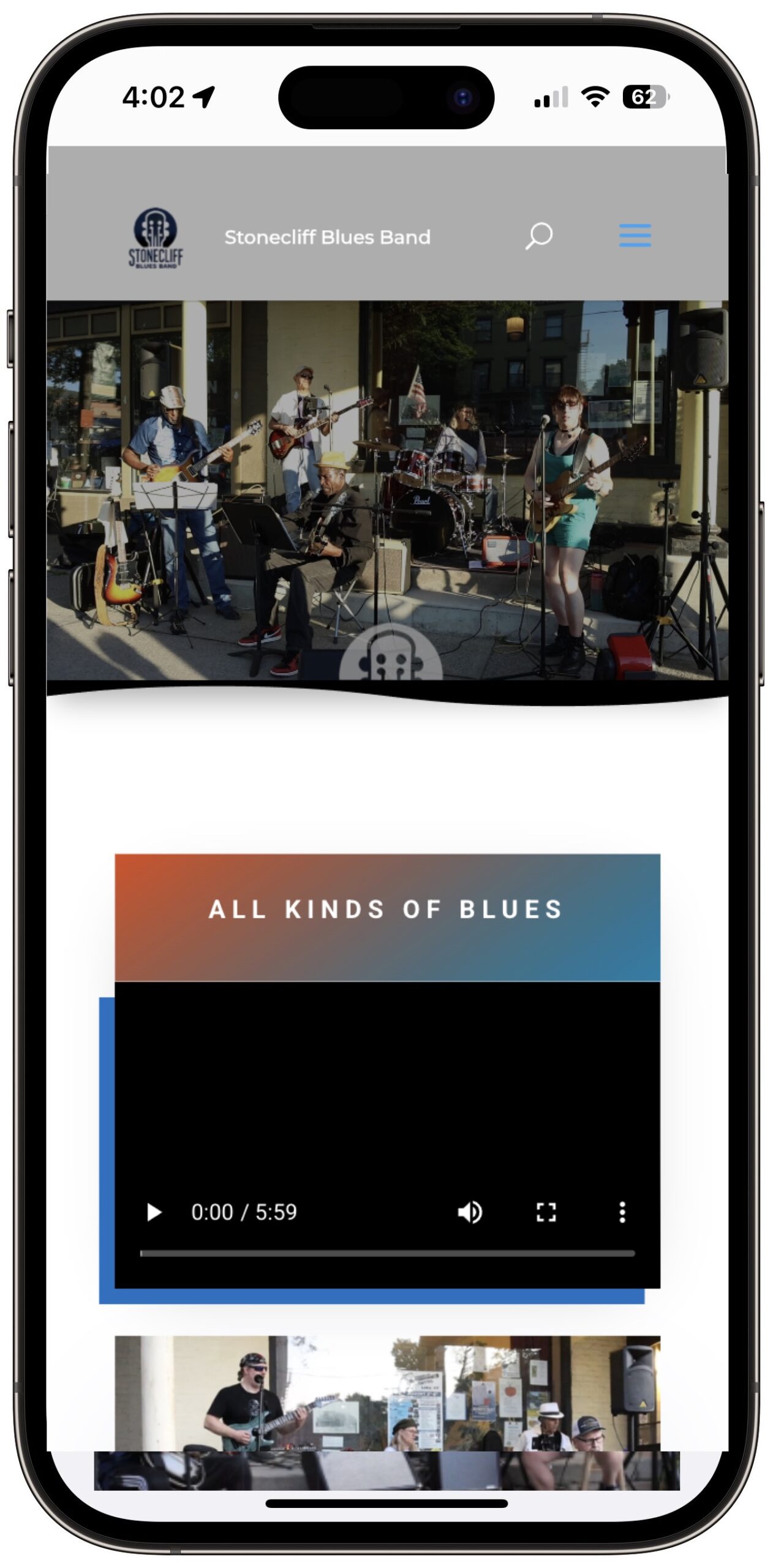 Stonecliff Blues Band Mobile Portfolio Section, my dad's blue's band here in Rochester NY